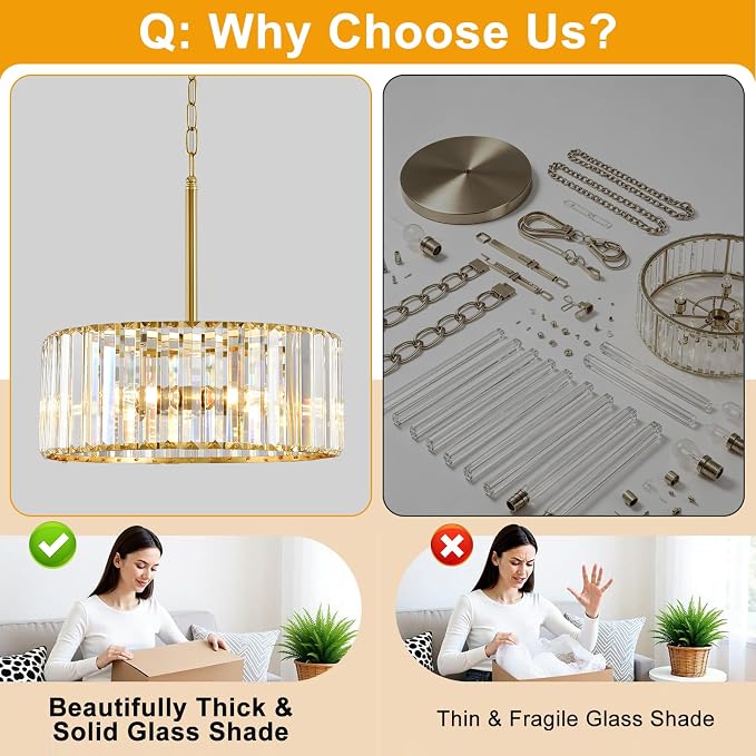 15" Gold Crystal Chandelier for Dining Room, 4-Light Modern Dining Room Light Fixtures Over Table, Hanging Pendant Lights Fixture for Kitchen Island Dining Room Living Room Bedroom Foyer Entryway