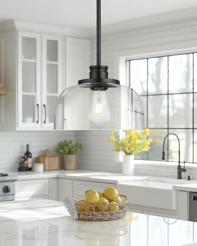 Emak Modern Pendant Lights Kitchen Island, Black Pendant Light with 10 Inch Clear Glass Shade, Farmhouse Hanging Light Fixture for Kitchen Island, Dining Room, Bathroom, Bar, PL131-BK-CG