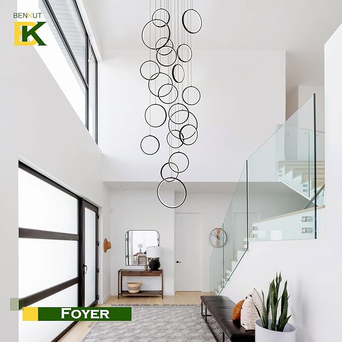 20 Ring High Ceiling Chandelier Foyer, Black Modern LED Large Staircase Long Chandeliers Light Fixture with Remote for Staircase Entryway Living Room Dining Room(118in, 3000K-6500K)