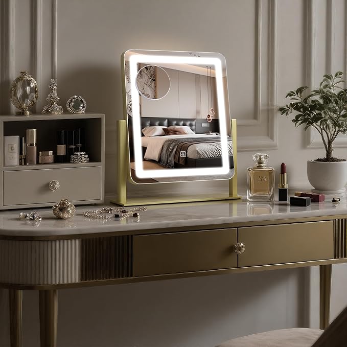 Rechargeable Vanity Mirror with Lights, 3000mAH Battery, 15"×12.2" LED Makeup Mirror, 10X Magnification, Smart Touch with 3-Color Lighting, 360° Rotation, Lighted Up for Makeup Desk, Bedroom (Gold)