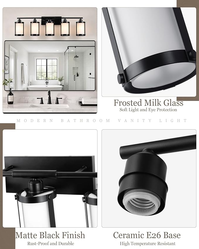 5-Light Matte Black Bathroom Light Fixtures Over Mirror with Frosted Milk Glass and Metal Cage Shade, 38" UL-Listed Modern Farmhouse Wall Sconce for Bath, Hardwire E26, OS-3014BKW-5W