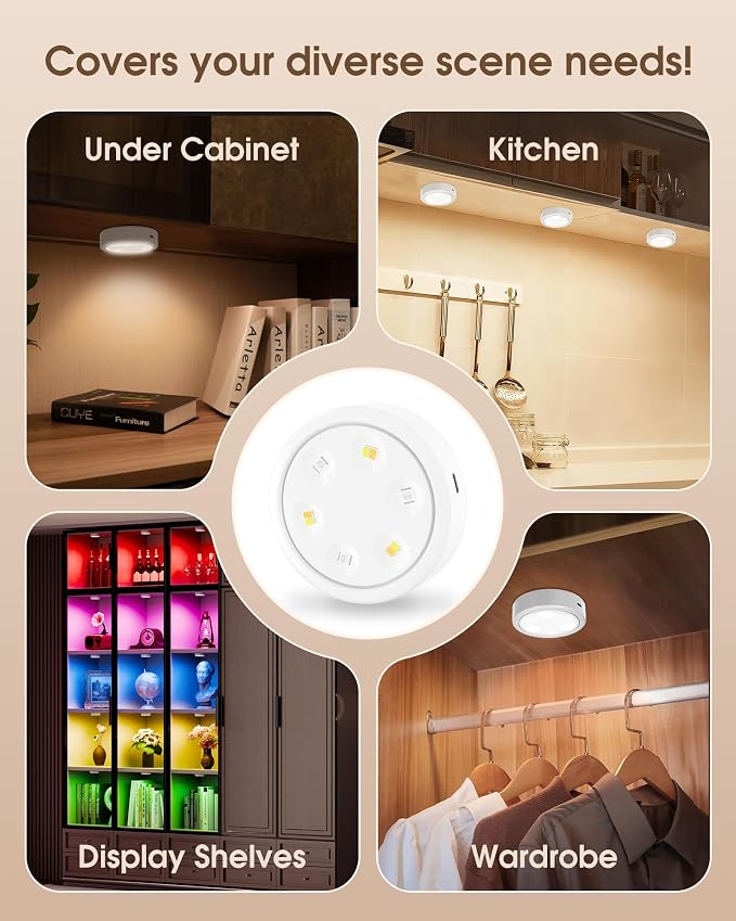 HOLKPOILOT Puck Lights with Remote, 2000mAh Battery Operated Rechargeable Under Cabinet Lighting, 3 Color Temps & 7 RGB Colors, Magnetic Closet Light, White Wireless Puck Light for Kitchen, Shelf
