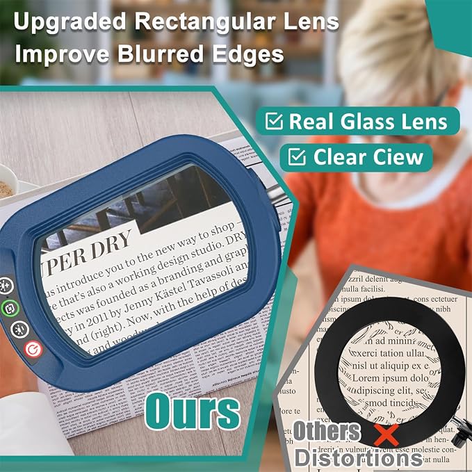 IVMAIE 12X Rectangle Magnifying Glass with Light, 5 Color Modes Stepless Dimmable Magnifier with Stand, LED Lighted Clamp Desk Lamp with Swing Arm, Hands Free for Reading Painting Close Work - Blue