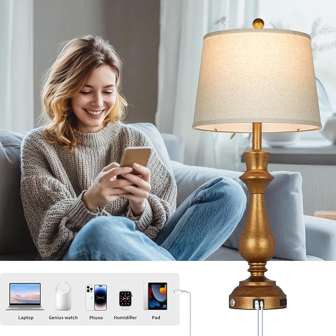 Retro Gold Table Lamps Set of 2 for Living Room,30" Tall Bedside Lamp with USB Charging Port,3-Way Dimmable Touch Nightstand Lamp for Bedroom Desk Side Table Office,Copper Gold
