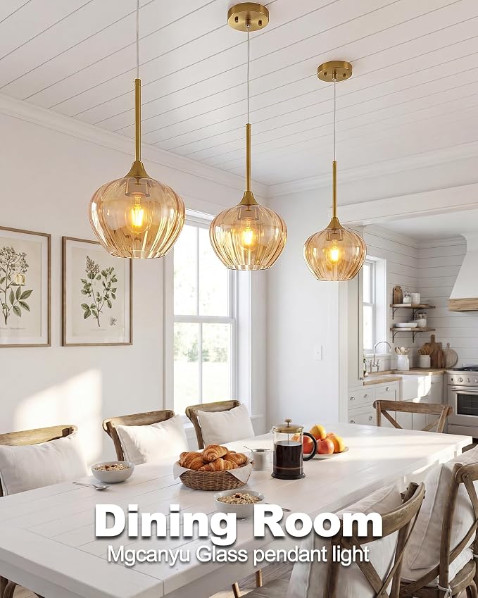 Amber Glass Pendant Lights Kitchen Island, 7.7" Vintage Adjustable Pendant Lighting Gold Hanging Light Fixtures for Kitchen, Dining Room, Sink, Bathroom