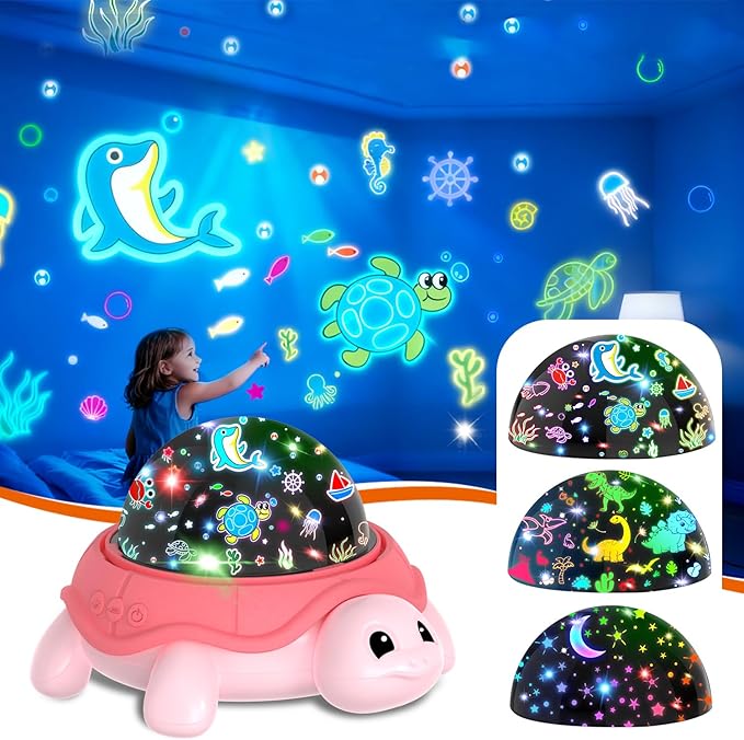 Pink Lucky Turtles Kids Night Light,3-8 Year Old Boys Toy Star Sky Projector Lamp 360° Rotation,4 LED Light Beads,16 Light Colors Adjustable,USB Cable Powered,Ceiling Ambiance Light for Kids Bedroom