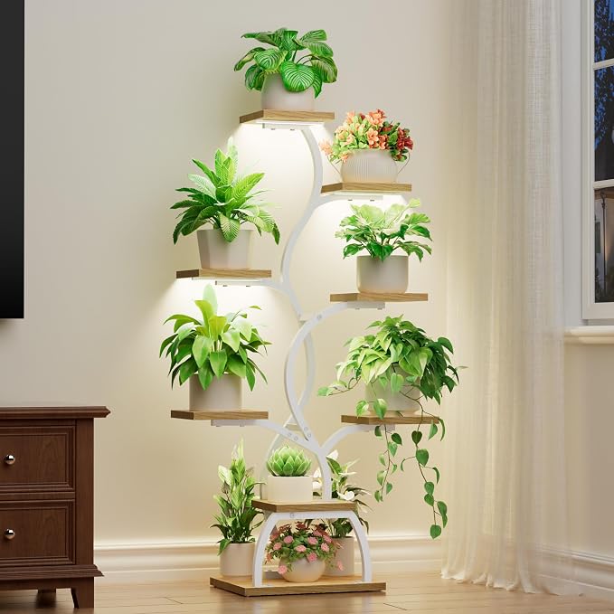 Plant Stand Indoor with Grow Light - 8 Tiered Corner Plant Shelf Indoor | 49" Plant Holder with Lights for Indoor Growing, Tall Lighted Flower Stand for Living Room, Balcony, White