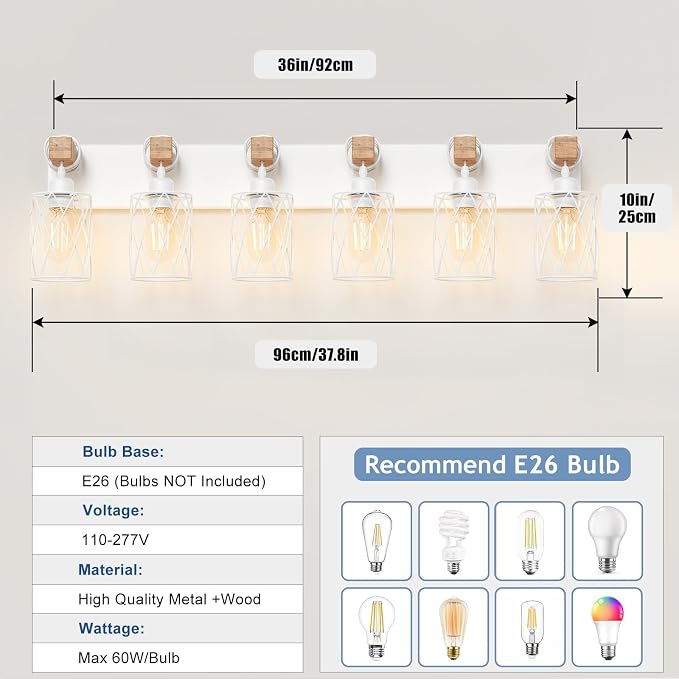 IZORRO Farmhouse Bathroom Vanity Light, 6-Light Wood Bathroom Light Fixtures Over Mirror, Matte White Industrial Vanity Lights with Metal Shade, Rustic Restroom Lighting Fixtures