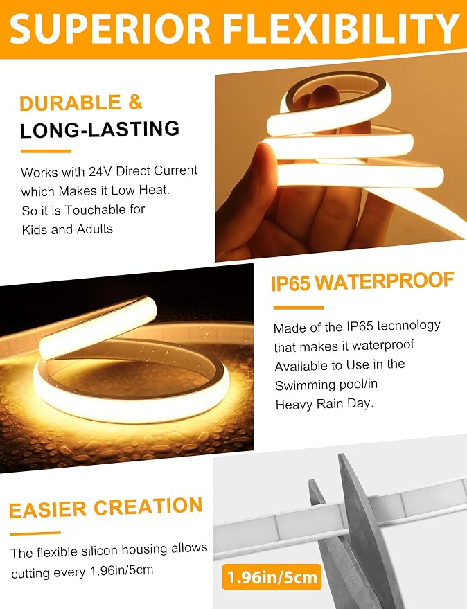 COB LED Strip Lights 32.8Ft, Warm White Dimmable Self-Adhesive Led Rope Light with Remote,Waterproof Cuttable 24V Flexible Neon Under Cabinet Tape Lighting for Bedroom, Kitchen,TV 10 mm Width