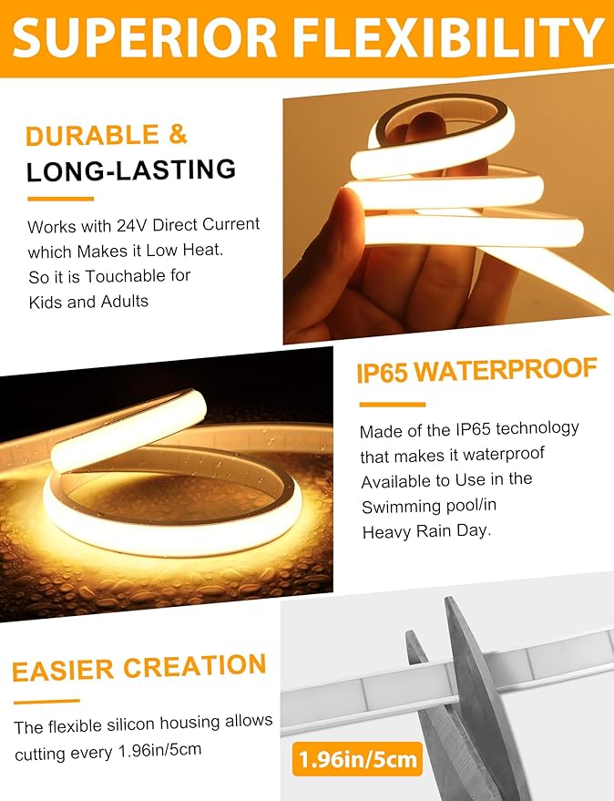 COB LED Strip Lights 19.6Ft, Warm White Dimmable Self-Adhesive Led Rope Light with Remote,Waterproof Cuttable 24V Flexible Neon Under Cabinet Tape Lighting for Bedroom, Kitchen,TV 10 mm Width