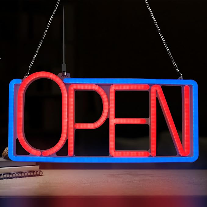 Neon Open Signs for Business, 16.54" X 7.87" Dimmable LED Open Sign, Bright Open Sign for Business for Window Storefronts, Restaurant,Bar, Retail Shops, Salon (Blue+Red)