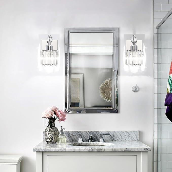 PRESDE 1-Light Bathroom Vanity Light, Modern Chrome Wall Sconce with Crystal Shade, Single Wall Lamp for Over Mirror Bedroom Hallway
