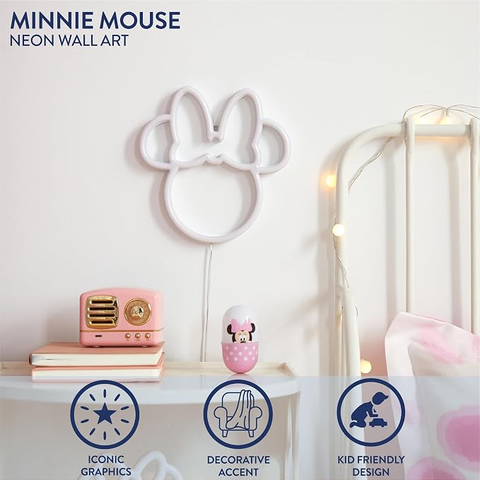 Disney Minnie Mouse Neon Figural LED Hanging Wall Art, Kids Bedroom & Playroom Wall Décor, 6.8” x 11”