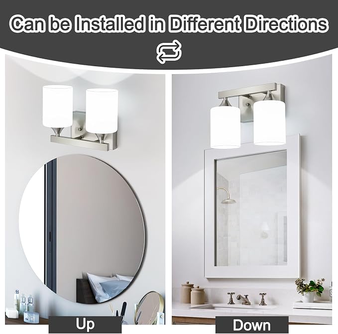 ZHU YAN 2-Light Bathroom Vanity Light,Brushed Nickel Bathroom Light Fixture,Milky White Glass Shades,Modern Bathroom Wall Lamp for Mirror Living Room Cabinet Bedroom E26 Socket