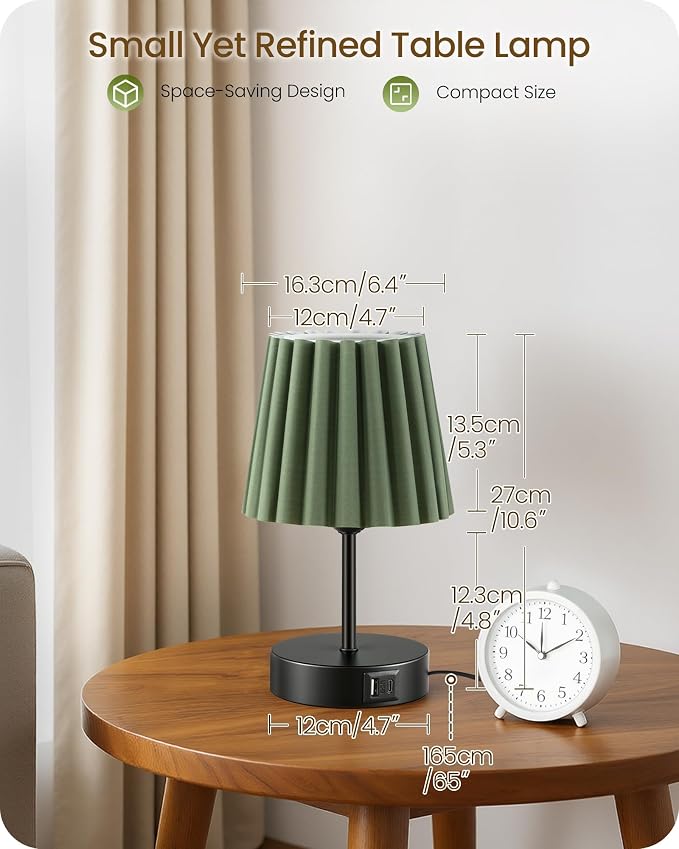 Small Bedside Table Lamps Set of 2, Touch Dimmable Table Lamps with USB Ports, Nightstand Lamps with 2 Stepless Dimming LED Bulbs, E26 Base, for Bedroom, Study, Black and Green J16TLP205