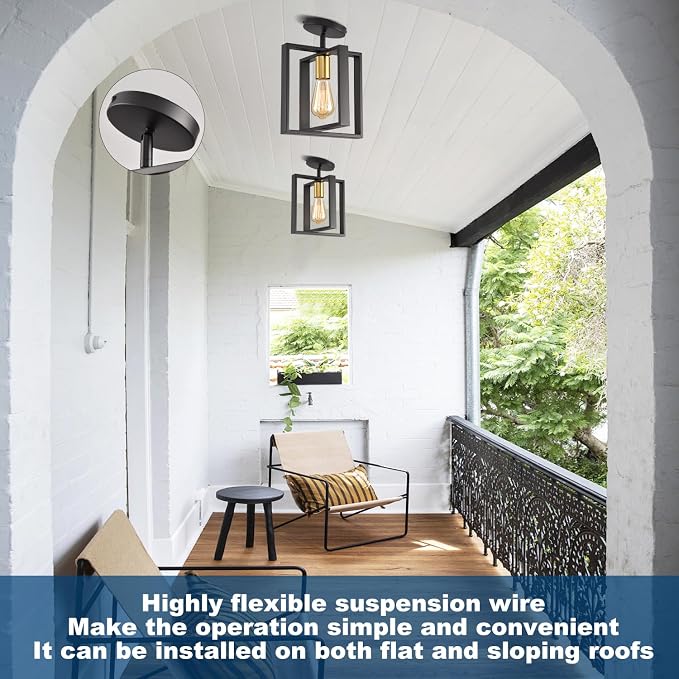 2 Pack Semi Flush Mount Ceiling Light,Black Metal Frame Ceiling Light Fixture with Golden Lamp Cup, Farmhouse Light Fixture for Kitchen Island Entryway Porch Foyer