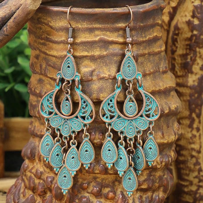 Unique Bohemian Vintage Bronze Chandelier Teardrop Flower Geometry Dangle Drop Earrings For Women
