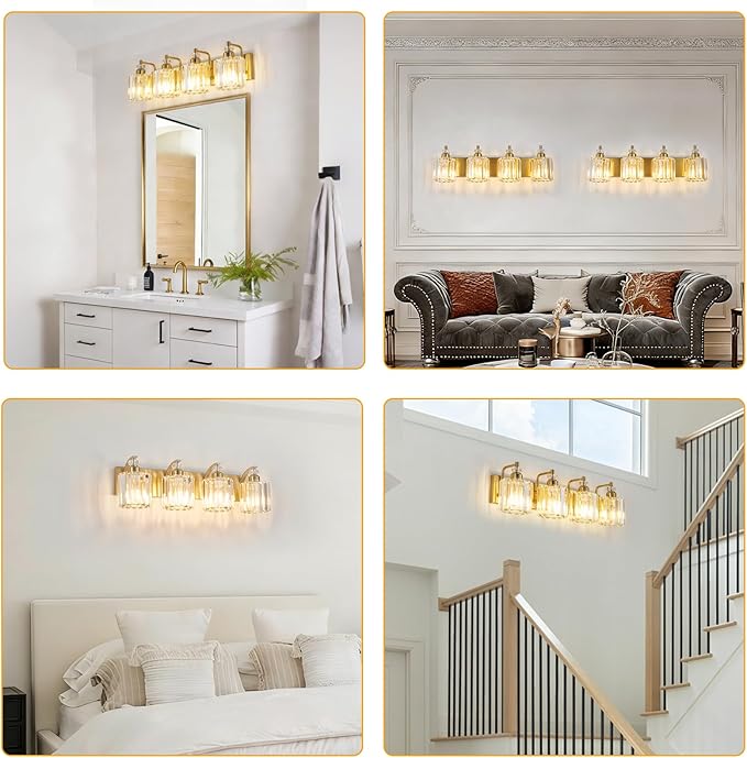 4-Light Brushed Brass Bathroom Light Fixtures Modern Vanity Lights Over Mirror Gold Bathroom Vanity Lighting with Crystal Shade E26 Base Wall Sconce for Bedroom Living Room Restroom Wall Lamp