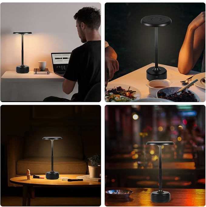 Cordless Rechargeable Modern Metal Table Lamp, Touch Dimming, 3-Color | Black 5200mAh Battery, Portable LED Desk Light, Touch Sensor, Suitable for Night Light/Restaurant/Night Stand/Coffee/Bar