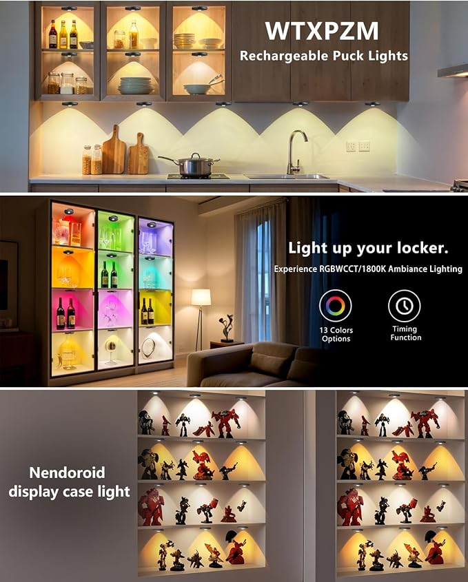 Puck Lights with Remote Control, 2000mAh Rechargeable Cabinet Light, Under Counter Tap Light Wireless, Display Cabinet, Shelf, Closet，Dimmable，Magnetic，Push Lights Battery Operated， (Black, 3 Pcs)