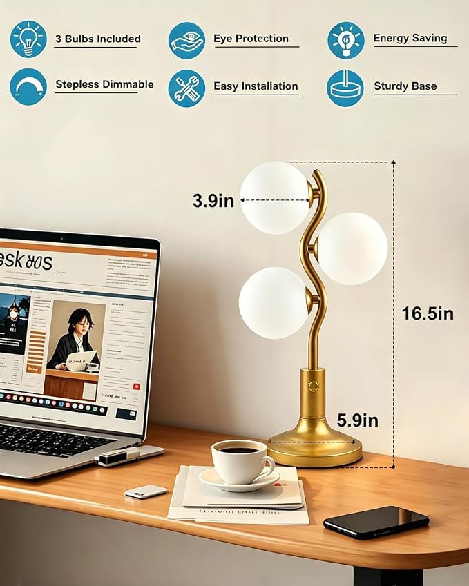 Globe Gold Table Lamp for Bedroom Gift Dimmable G9 3 Bulbs Included | Modern Round Ball Lamp Nightstand Desk Lamp Ambient Warmwhite Bedside Lamps for Living Room Dining Party Home Office Decor