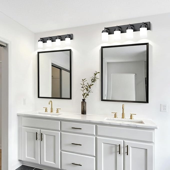 Bathroom Light Fixtures, Matte Black Bathroom Lighting Fixtures Over Mirror, Modern Vanity Light with White Glass Shade, Restroom Lighting Fixtures, 4-Light 30-inch