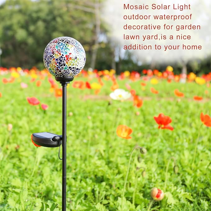 VCUTEKA Decorative Solar Garden Lights, 3.5" Mosaic Globe Outdoor Stake | Mosaic Glass Globe Design, Solar LED Light, Waterproof Design, Auto On/Off and Metal Stake Design for Lawn and Patio