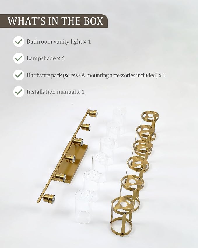 6-Light Brushed Gold Bathroom Light Fixtures Over Mirror with Clear Glass and Metal Cage Shade, 42" UL-Listed Modern Farmhouse Wall Sconce for Bath, Hardwire E26, OS-3014BG-6W