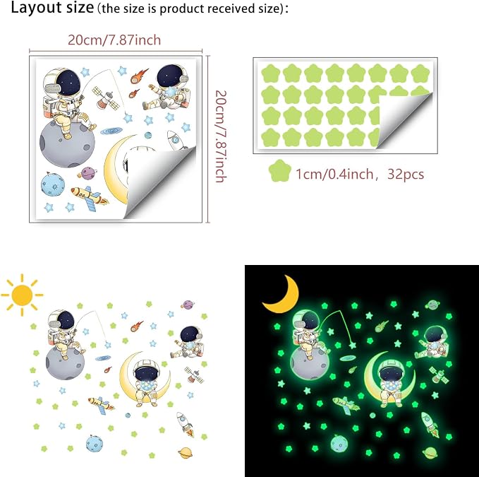 DIY Creativity Starry Sky Astronaut Night Light Stickers Cartoon Rabbit Wall Stickers Star Spaceship Night Light Stickers Room Decoration Wall Stickers (Astronaut Blue Light)