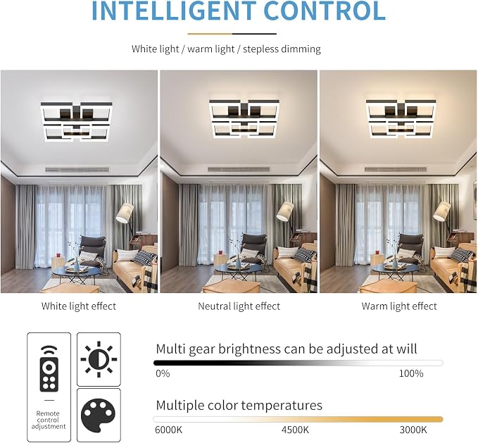 GEADI Modern 5-Square LED Ceiling Light, 64W Black Flush Mount | Dimmable Ceiling Lamp with Remote Control, 3000K-6500K, 17.7in Acrylic Chandelier for Living Room, Bedroom and Office