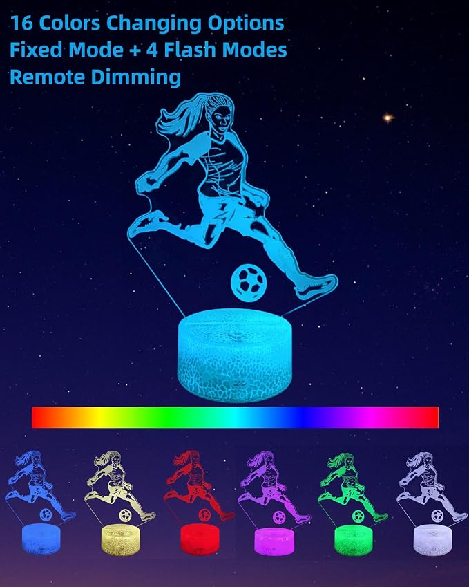 Women Soccer Player 3D Illusion Night Light for Girls Gift | 16 Colors Changing, Dimmable, Touch & Remote Control, Birthday Christmas Lamp For Kid Teen Sports Fan, Bedroom Room Décor