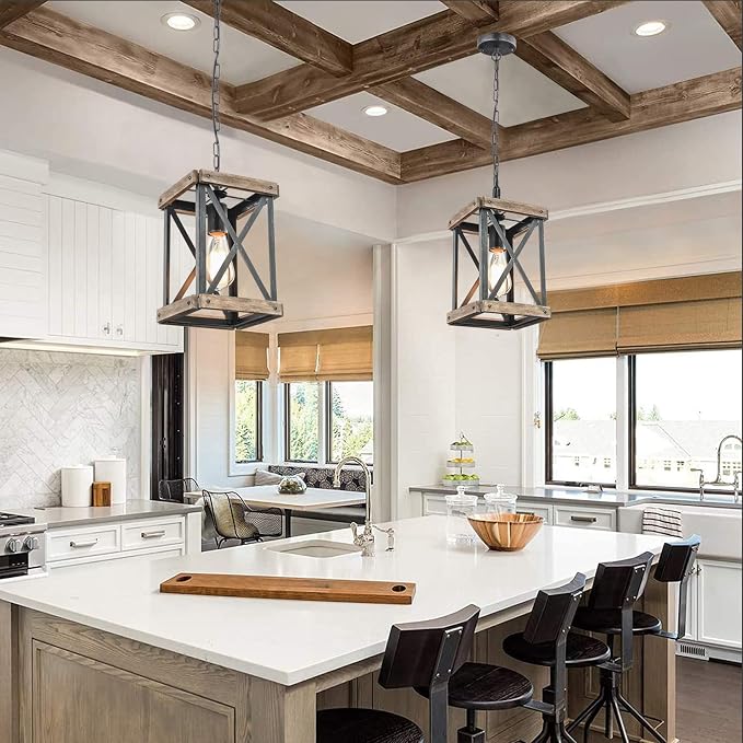 Farmhouse Pendant Light, Adjustable Metal and Wood Chandelier Light Fixture, Rustic Pendant Lighting for Kitchen Island, Bedroom, Dining Room and Entryway (Brown), 2 Pack