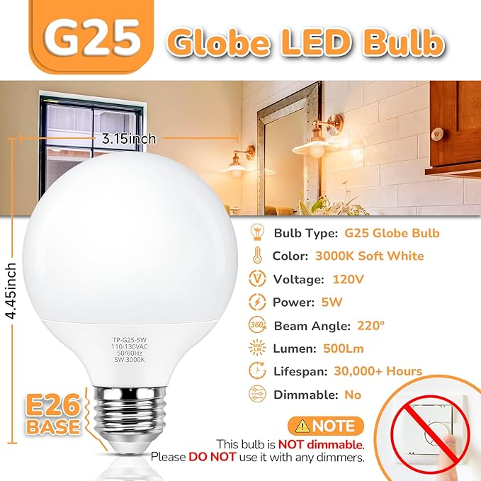MAXvolador G25 LED Globe Light Bulb 60W Equivalent, Soft White 3000K E26 Vanity Round Bulbs for Bathroom Makeup Mirror, Non-Dimmable 500LM, 8-Pack