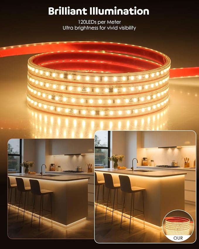 Aclorol LED Strip Lights Outdoor Waterproof 16.4FT 110V Warm White 3000K | LED Rope Light Strip Plug in, with Self-Adhesive for Bedroom Outside Garden Patio Indoor Outdoor Backyards Decor, 120LEDs/m