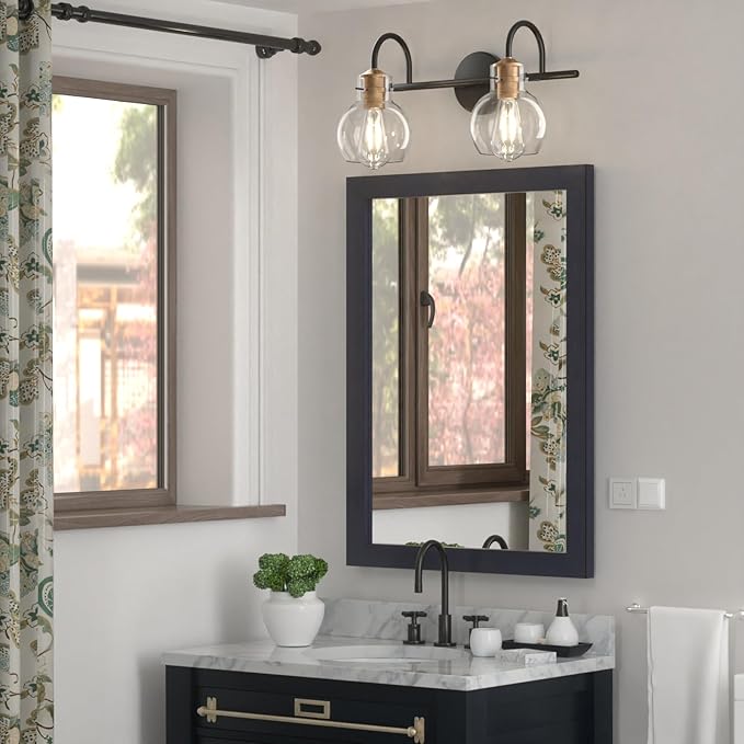 2 Light Bathroom Vanity Light, Black and Red Copper Bathroom Light Fixtures Over Mirror, Modern Copper Vanity Fixtures with Clear Glass Shade, Black Wall Sconce for Living Room