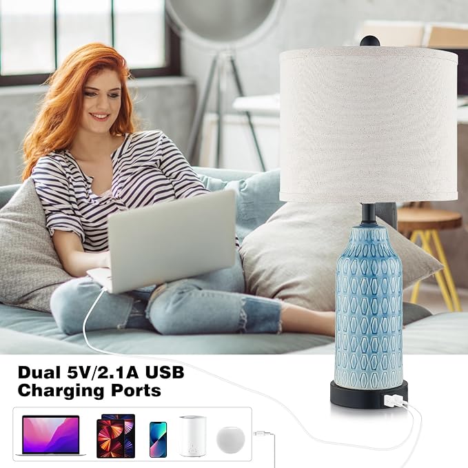 Ceramic Table Lamps for Bedroom Set of 2,Touch Lamp with USB Ports for Nightstand, 3-Way Dimmable Blue Coastal Bedside Lamps for Bedroom Living Room End Table Side Table(Bulbs Included)