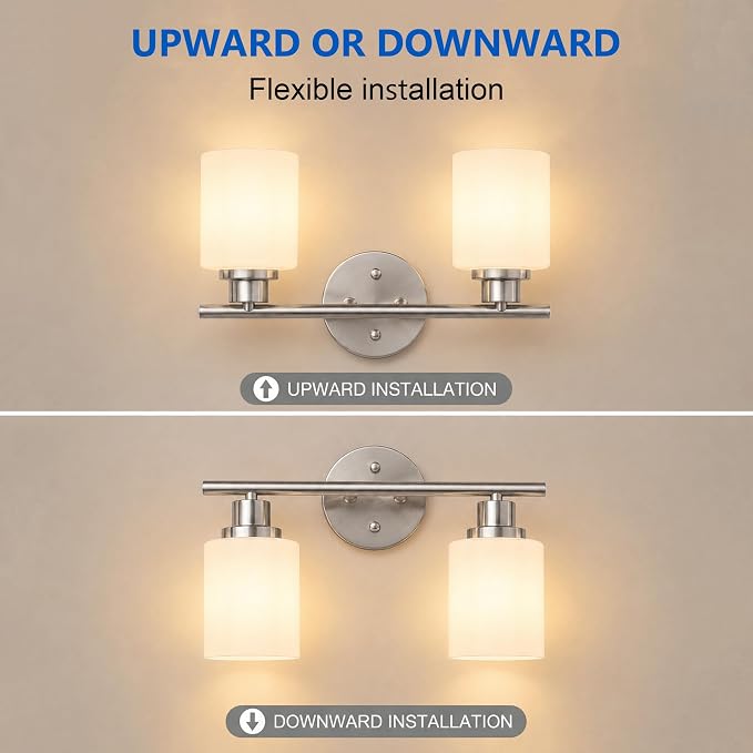2 Light Bathroom Light Fixtures, Modern Vanity Lights with Milky White Glass Shade, Brushed Nickel Wall Lamp Over Mirror for Bathroom, Living Room, Cabinet, Bedroom, E26 Base
