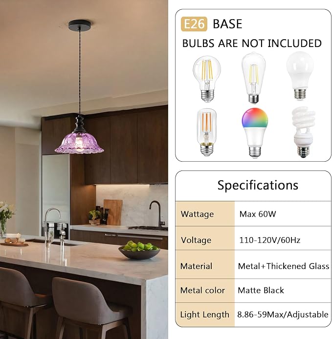 HDDFL Glass Pendant Lights Modern Pendant Lighting Fixtures Hanging Lamp for Kitchen Island Bedroom Dining Room Coffee Shop Hallway Black and Purple