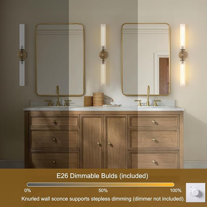 30" 2 Lights Hardwired Frosted Glass Bathroom Wall Sconces, Handmade Knurled Brass Wall Light Fixture,Modern Vanity Light for Living Room,Hallway, Bedroom, Indoor Wall Lamp, Bulb Included
