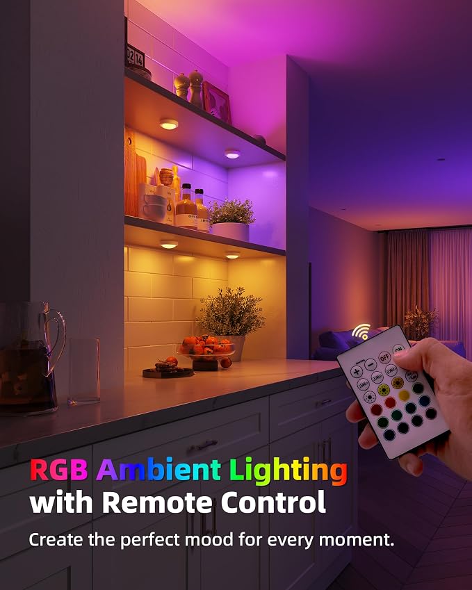 EZVALO 6-Pack RGB Rechargeable Puck Lights with Remote, Mini Under Cabinet Lighting, 2.95'' Tap Lights, 16 RGB Colors & 3 White Color Temps, Dimmable Stick-On Closet Lights for Kitchen, Shelf