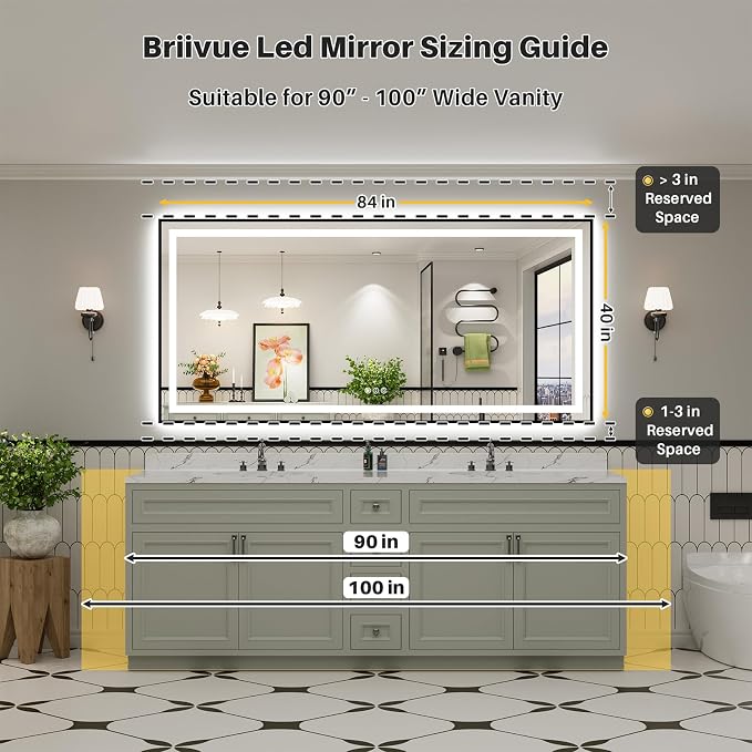 84x40 Inch LED Bathroom Mirror with Black Frame, Backlit & Front Lit | Anti-fog, 3 Color Dimmable, Memory Function, HD Reflection Tempered Glass, ETL Listed, IP54 Waterproof