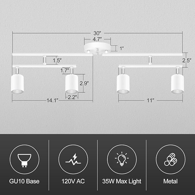 Track Lighting Fixture Ceiling, White Ceiling Light for Kitchen, 30" Modern 4 Light Track Lighting Kit, Wall Light Wireless, Spotlight with Rotatable Heads, LED Track Lights for Bedroom(NO Bulb)