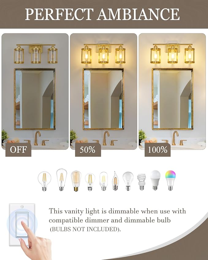 3-Light Brushed Gold Bathroom Light Fixtures, 21 Inch Modern Bathroom Vanity Lighting Fixtures Over Mirror with Clear Glass and Metal Cage Wall Sconce Lights for Bath, E26, OS-3014BG-3W