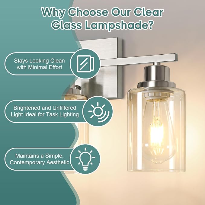 Ascher Bathroom Light Fixtures, 3-Light Vanity Light Over Mirror, Brushed Nickel Wall Sconces with Clear Glass Shades, Wall Lamp for Living Room Bedroom, E26 Base(Bulbs Not Included)