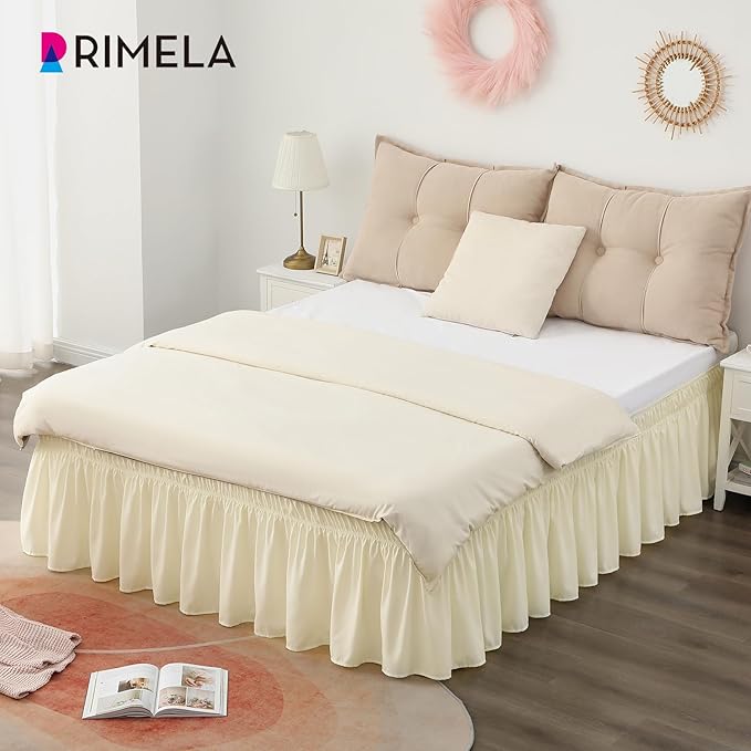 RIMELA Butter Yellow Bed Skirt Twin Size 15 Inch Drop, Elastic Bed Skirting for Bed Base and Frame, Bedding Dust Ruffle Easy to Install, Lightweight Comforter Set with Wrap Around Adjustable Bedskirt