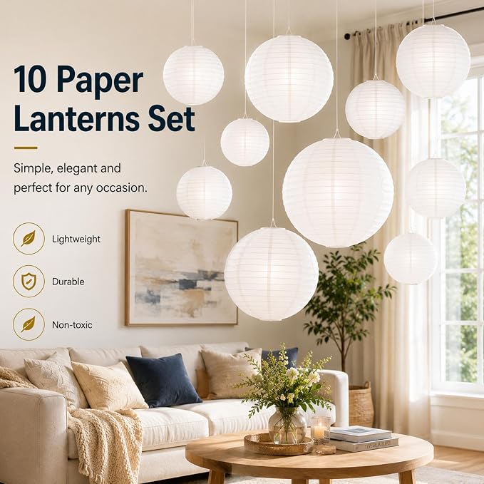 LIHAO 10 Pack White Paper Lanterns, 6/8/10/12 Inch, Wedding Party Decor | Chinese Lanterns, Round Paper Lamp Decoration, Hanging Decor, Birthday New Year, Outdoor Indoor Use