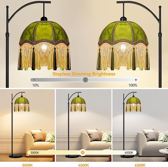 QIYIZM Arc Floor Lamp for Living Room,Bedroom,Standing Lamp with Remote Dimmable,Green Mid Century Black Tall Lamp Boho Vintage Retro Fringe Tassel Flower Velvet Unique Lamp Victorian Tiffany Decor
