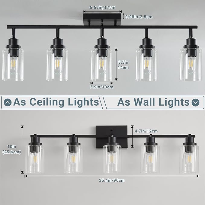 LOUSACE 5 Light Kitchen Track Light Fixtures Ceiling Vanity Lights Black, Bathroom Track Lighting Kit w/Rotatable Heads & Clear Glass Shade, Modern Wall Ceiling Tracking Light for Accent Shop Hallway