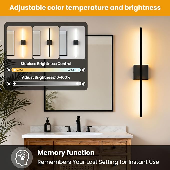 28 Inch Hardwired Wall Sconces Set of Two, Modern Black Wall Lights | 2700K-6500K,LED Wall Sconce With Remote,350°Rotatable ,Memory Function,Dimmable for Living Room, Hallway, Bedroom