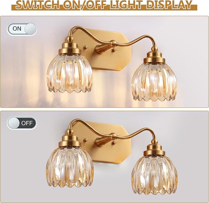 Vintage Gold 2-Light Vanity Lights, Tulip Crystal, Antique Brass Finish | Brushed Gold Bathroom Light Fixtures, Amber Wall Sconce Ideal for Bedroom, Living Room, E26 Compatible, Easy Install